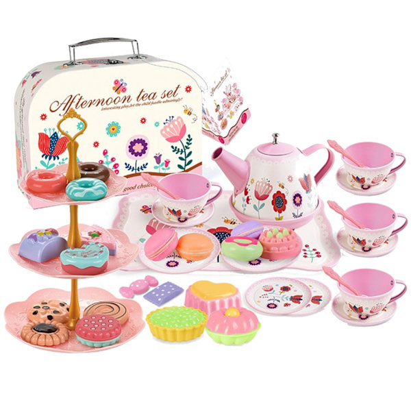 Te-sett for små jenter Lat som lek Tea-party-sett for småbarn Princess Tea Time, Tin-te-kopper for barn, tekanne, plastkaker B One Size