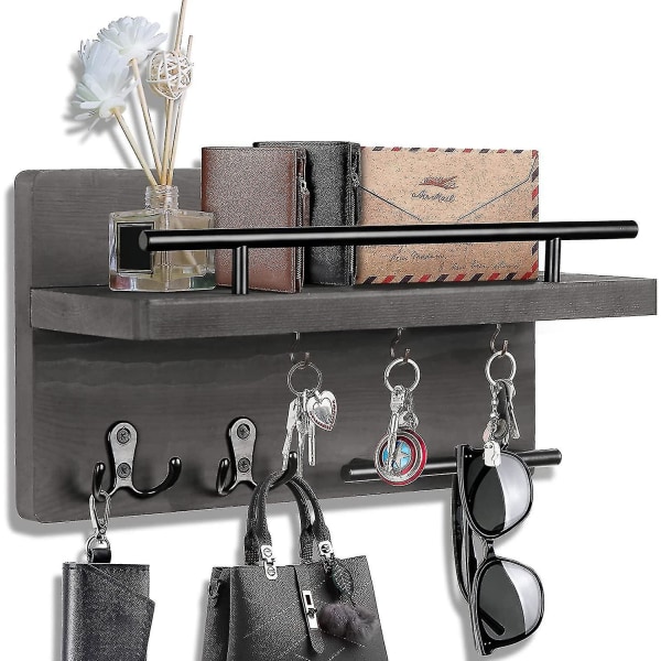 Nøgleholder til vægdekorativ med 5 nøglekroge, vægmonterede nøglebøjler til væg med postnøgleholder, postorganisator i træ med hylde, rustikt hjem D