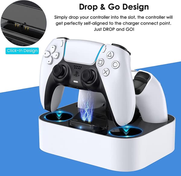 PS5 Controller Ladestation, Dobbelt Hurtig Opladningsdock Med LED-indikator Kompatibel Med PS5 Controller