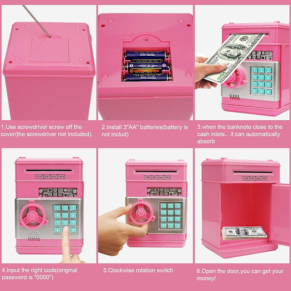 Minibank Lösenord Pengar Bank Kontantmynt Sparlåda för barn, tecknad kassaskåp Perfekta leksakspresenter för pojkar Girlelectronic Spargris (rosa)