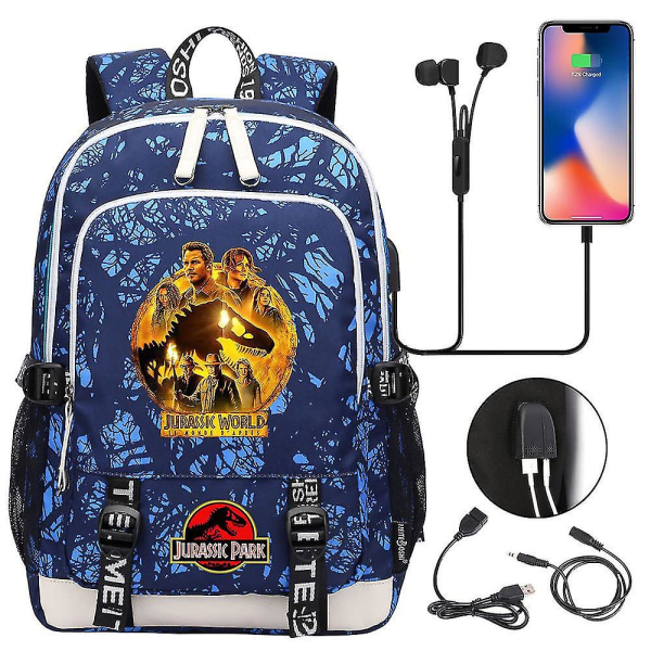 Jurassic World Dominion Cartoon Gutt Jente Ryggsekk Med Usb-lading - Høykvalitets Skolebokveske for barn Mochila - Reiseveske 11