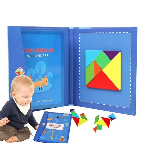 Trämönster Tangram Magnetisk Pussel Magnetiska Geometriska Former Tangram Pussel Bärbara Block Sticksågsbok Brain Teasers 1 set