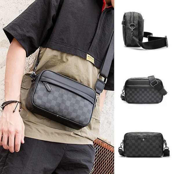 Herr Casual Rutad axelväska Läder Crossbody-väska med justerbar rem Messenger Bag