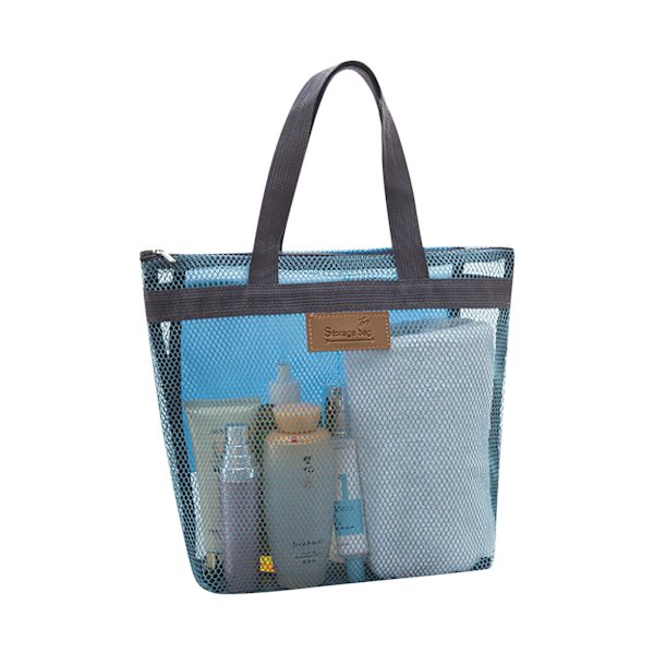 Beach Mesh förvaringsväska, bärbar resebadväska, mesh duschväska, utomhuskläder Handduk förvaringsväska 11,8 X11,02 tum, snabbtorkande och lätt att rengöra Blue One Size