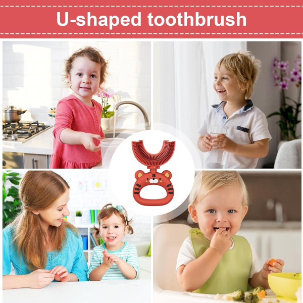 Generisk U-formet børnetandbørste - Cartoon Tiger Kids tandbørste - Blødt silikonebørstehoved til 360-graders oral tandrensning, manuel tandbørste