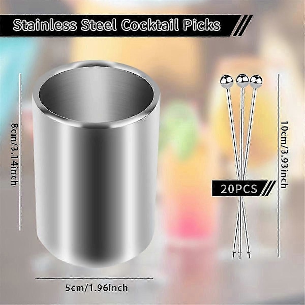 20 stk. metal cocktailpinde med holder, cocktailpinde i rustfrit stål, genanvendelige cocktailspyd, appetizerspyd Silver