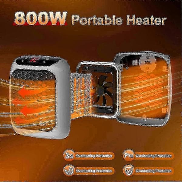 800W Ceramic Plug-in Heater, Portable Electric Fan Heater with Remote Control, 12H Timer LED Display