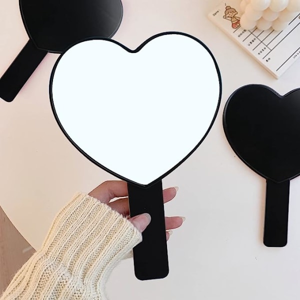 Hjerteformet håndholdt reisespeil, kosmetisk håndspeil med håndtak (svart, 1 pakke)