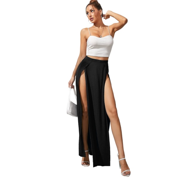 Dam lång dubbelsplit hög midja Dam Vanlig Jersey Stretch Två sidor Slit Maxikjol Black 2XL