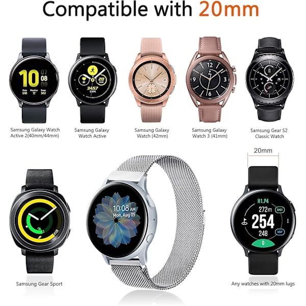 Metallbånd for erstatning av rustfritt stål for Samsung Galaxy Watch Active 2 Silver