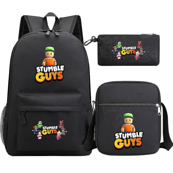 Stumble Guys Print skolväska: Cosplay-ryggsäck för pojkar med axelväskor - Studentryggsäck - Anime-ryggsäckar för barn - 3st set