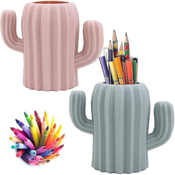 2 styks pen Blyant Grydeholder, Papir Opbevaring Pen Beholder, Cactus Shape Skrivebord Pen Holder Stander (lyserød, grøn)