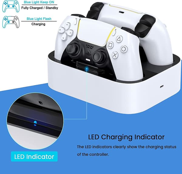 PS5 Controller Ladestation, Dobbelt Hurtig Opladningsdock Med LED-indikator Kompatibel Med PS5 Controller