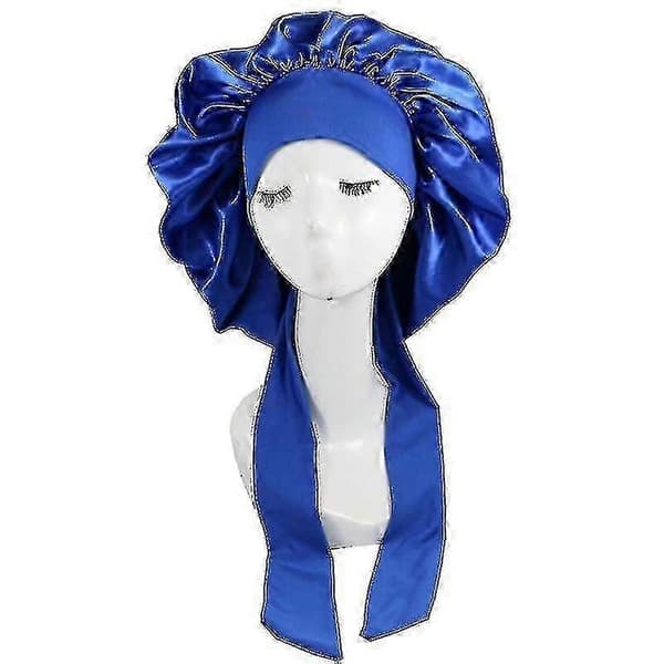 Silke Bonnet Satin Bonnet Til At Sove Bonnet Med Bindebånd Nattesøvn Hætte N Blue