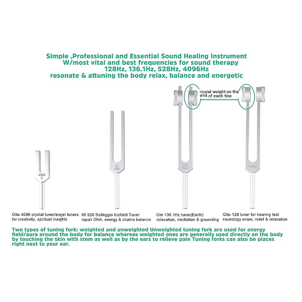 4 stk Stemmegaffelsett (128Hz, 136.1Hz, MI 528Hz, 4096Hz), for Healing Chakra, Lydterapi, Stressavlastning