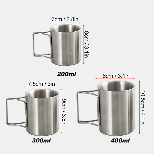 Campingmugg 200ml/300ml/400ml Rostfritt Stål Vattenmugg Tekopp Kaffeemugg Med Fällbara Handtag För Utomhus Camping Vandring Ryggsäck