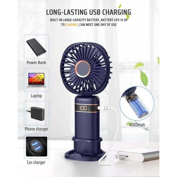 Mini Håndholdt Ventilator, Bærbar USB Håndventilator, Genopladelige Ventilatorer 5 Hastigheder Sammenklappelig Håndventilator med Base Deep Blue