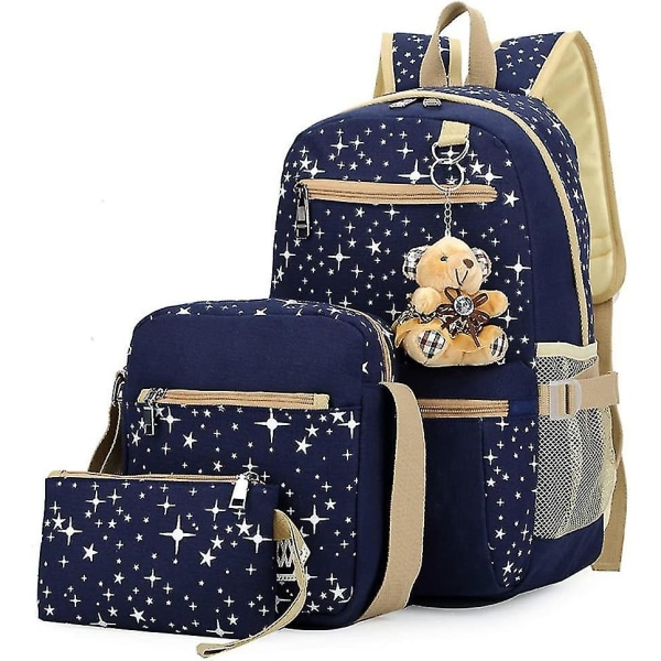 Tyttöjen koululaukku 3 kpl peruskouluun, reppu/olkalaukku/käsilaukku (sininen)