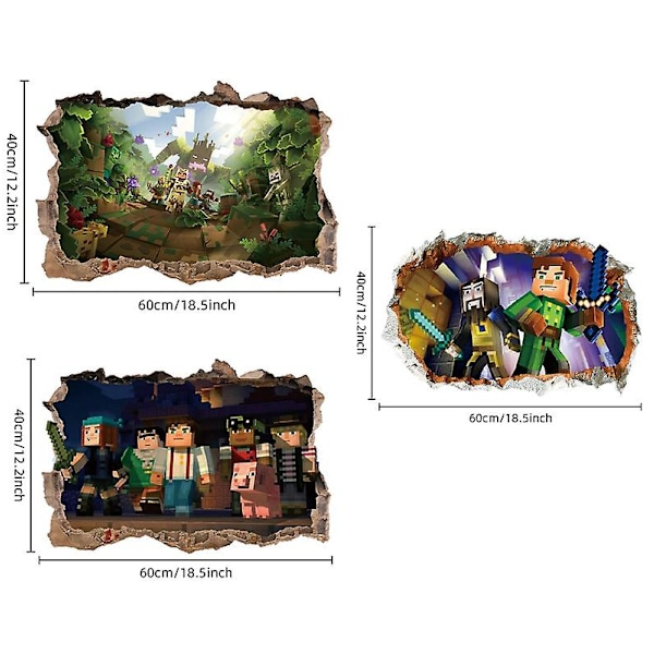 3 stk. Minecraft Veggklistremerker 3D Smash Veggdekor Avtakbar Vegg Minecraft Klistremerker Dekaler TV Bakgrunn Vindusdekorasjon Avtakbart Klistremerke Vinyl Stick D