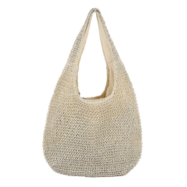Kvinners Beige Straw Tote Bag - Stor sommerstrandveske med vevde skulderstropper