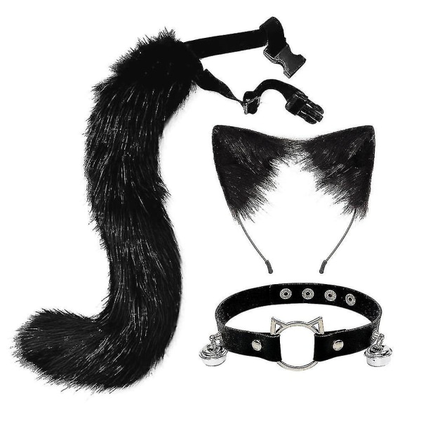 Furry Cat Ears Fox Tail Bell Collar Halschain Set Halloween Party Accessories Lolita Simulering Pels Plysj Hodeplagg Cosplay rekvisitter Black
