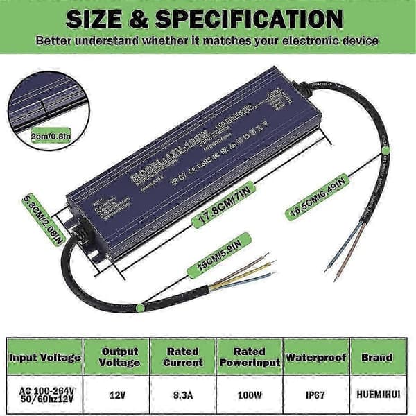 100W 12V AC/DC Vanntett IP67 Strømforsyning for LED-lys 100-264V til 12V DC Driver