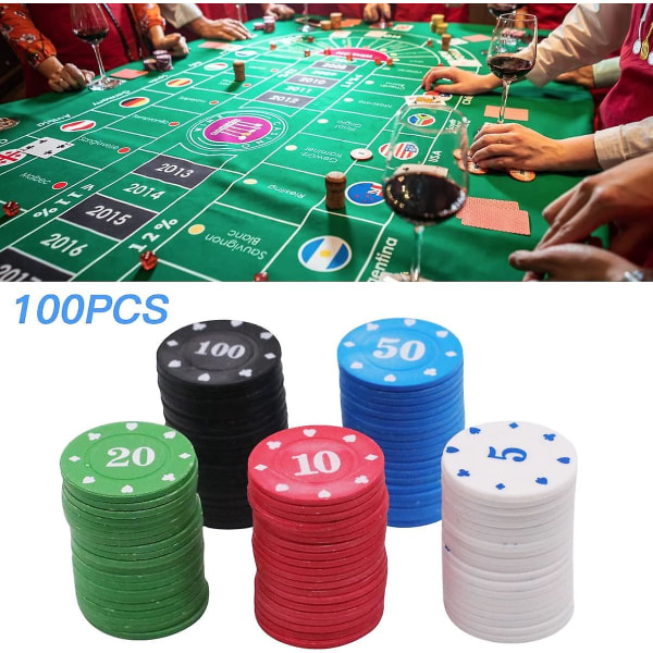 4 x 0,2 cm:n kasinopelimerkkipakkaus, jossa on 100 akryylipokerimerkkiä ja laatikko lähtölaskentamerkeille, pelimerkit, ruletti, keraamiset pokerimerkit