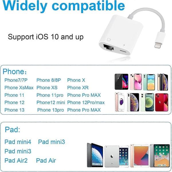 RJ45 Ethernet-adapter för lPhone [kompatibel med Apple MFi-certifierad], 10/100 Mbps, stöder iOS 15, Ethernet-adapter med laddning