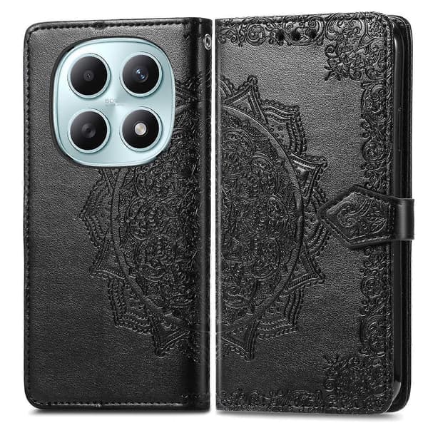 Mandala-blomma PU-läder magnetiskt plånboksfodral med kortfack och handledsrem för Xiaomi Redmi Note 15 4G/5G Black