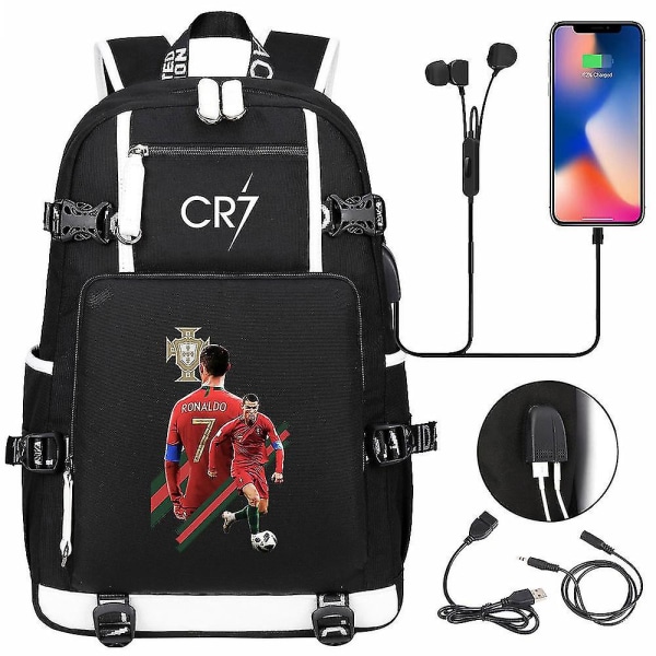 Cr7-ryggsäck med USB laddningsport, svart - Skolväskor med stor kapacitet för tonåringar, vattentät resebärbar dator Mochilas för män och kvinnor