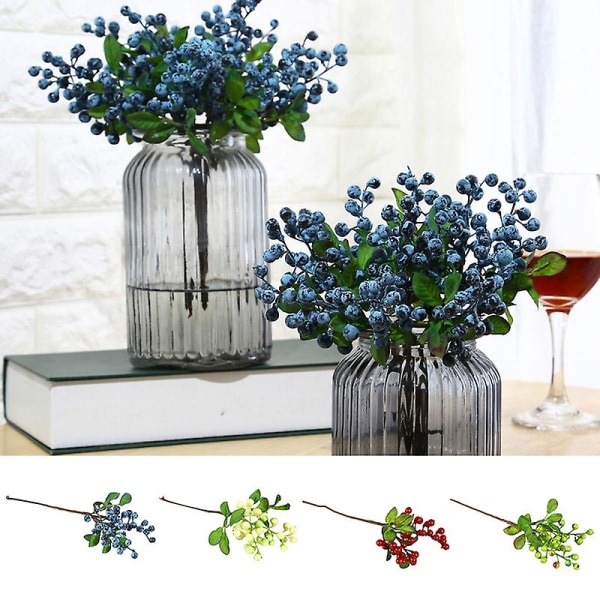 Naturtrogna konstgjorda växter Faux Berry Fake Branch Simulation Blueberry Home Hotel Cafe Decor Prop Jikaix White