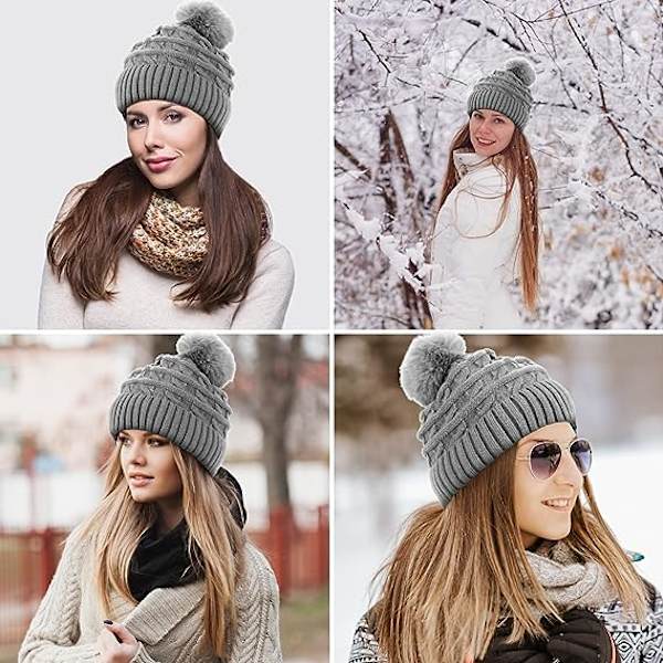 Bobble-hattu naisille Talvipipohatut Thermal fleecevuorattu hattu Naisten neulotut villahatut tekoturkisella Pom Pom Grey