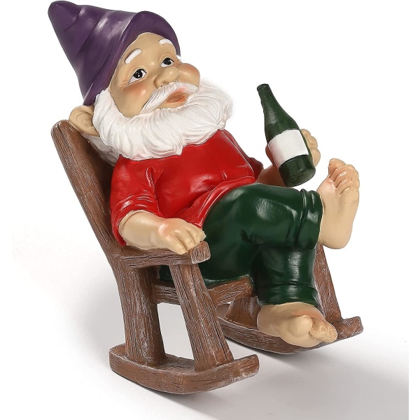 Gnome sitter på gyngestol Morsom hagegnom statue for plenpynt uteplass