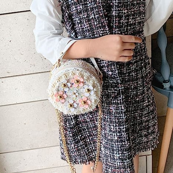 liten flicka toddler crossbody-väska med pärlblommor, liten söt prinsessväska, en vit reseväska