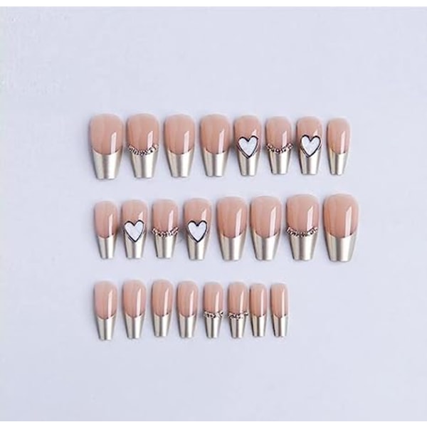 Tryck på naglar Långa falska naglar Akrylbalett Fransk 3D-hjärtkedja på naglar Designa naglar för kvinnor och flickor(3D-hjärtkedja)