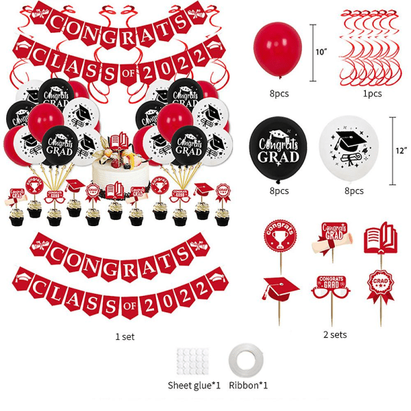 Tillykke Klasse af 2022 Party Graduation Party Dekoration Ballon Set Red