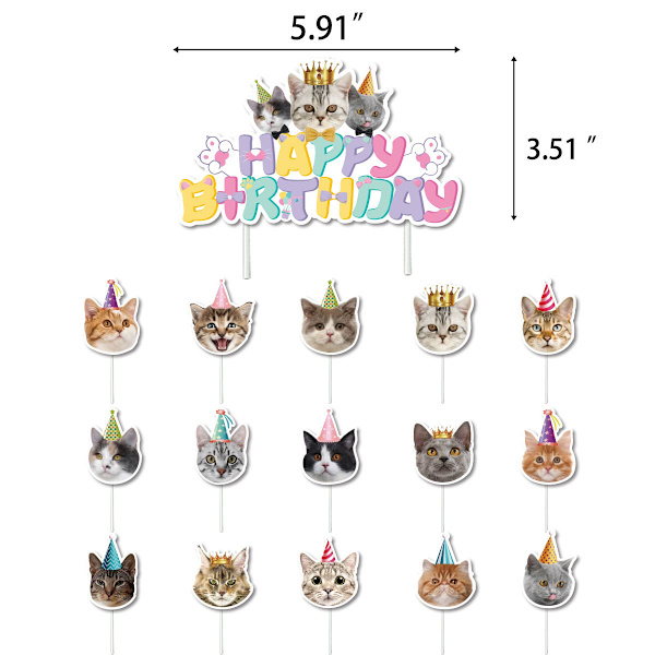 Lemmikissateema Syntymäpäiväjuhla Koristeellinen kissan lippubanneri Kakkukortti Set