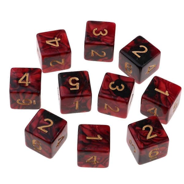 10 stk. gamle flersidige terninger, sett med 10 D6 Dungeons D&D RPG Rose+Hvit Red+Black