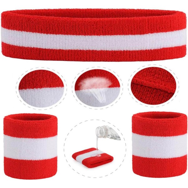 Svettebåndsett (3 deler) Sportshodebånd Håndleddstripete svettebånd Armbånd Atletisk og pannebånd Fukttransporterende svetteabsorberende hodebånd Red/White/Red