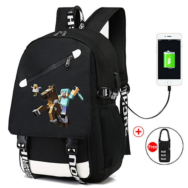 Minecraft Ryggsäck Svart USB Laddare Port Vattentät Resväska Skolväska 15 Dator Business Bag Vattentät Mochilas Beige
