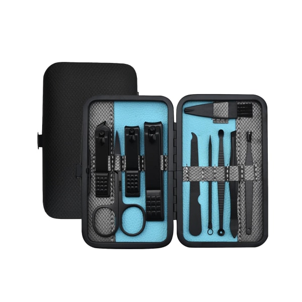 Nail Art Kit, 10 i 1 rostfritt stål pedikyr kit Nagelklippare Grooming Kit med svart läder case Fff Blue