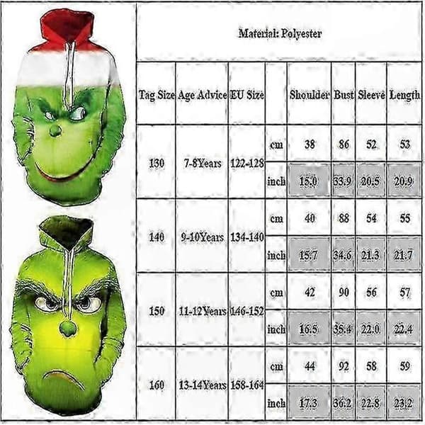 Unisex Børne Grinch Printet Hættetrøje med Lomme Pullover Sweatshirt