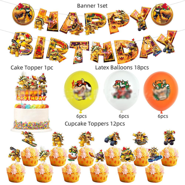 Super Mario Bros Bowser Koopa Tema Fest Dekoration Supplies Balloner Kit Banner Kage Cupcake Toppers Sæt Gaver