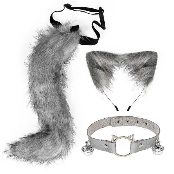 3st Cosplay Katt Söta öron Pannband Furry Fox Tail Bell Neck Choker Set Leksaker Dark grey