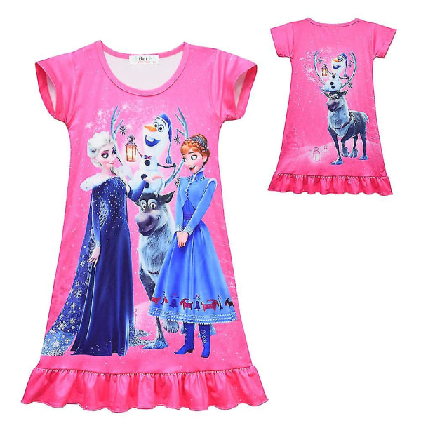 Barn Flickor Frozen Elsa Anna Print Nattlinne Kortärmad Pyjamas Klänning Sovkläder Rose Red 5-6 Years
