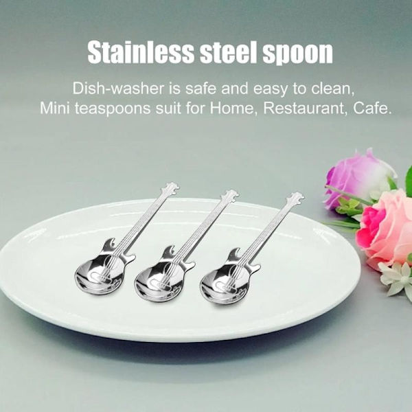 Gitarr kaffesked 6-pack söt sked rostfritt stål tesked omrörningssked Gitarrform (silver)