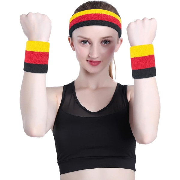 Set (3 delar) Sportpannband Handled Randiga svettband Armband Atletisk och pannband Fuktavledande svettabsorberande pannband Black Red Yellow