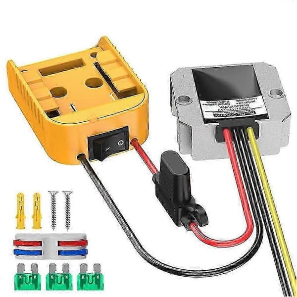 Til DeWalt DCB Series 18V/20V Lithium Batteriadapter + DC-DC Step-Down Enhed (12v,10A,120W) med sikring Yellow   Silver