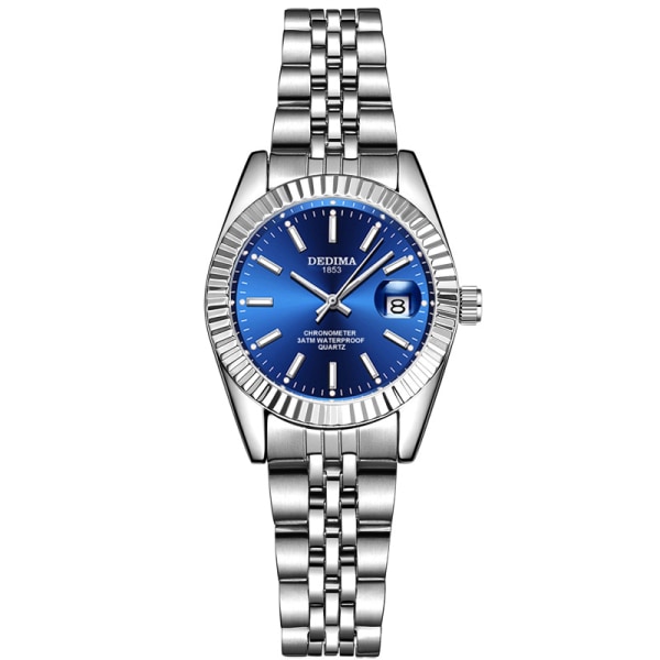 Motekalender stålbånd lysende klokke Silver strap blue dial Suitable for women