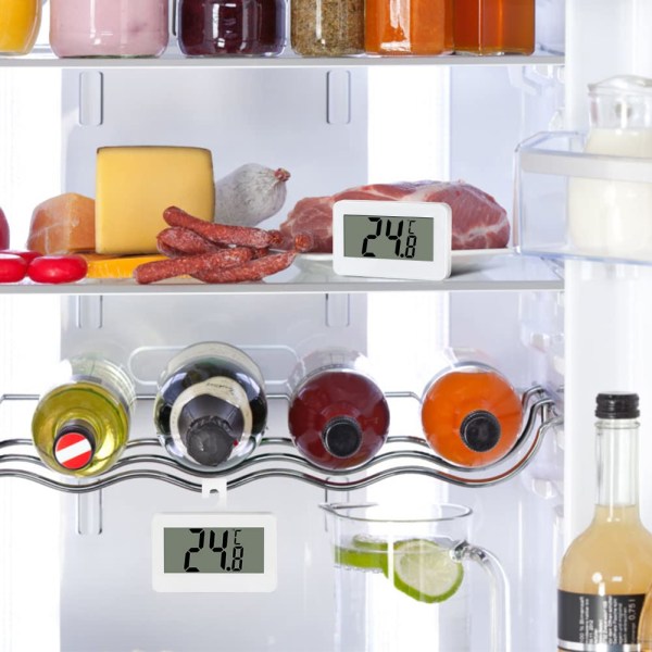 Jääkaappilämpömittari digitaalinen, jääkaapin lämpömittari, LCD-digitaalinen vedenpitävä jääkaappipakastin lämpömittari jalustalla (valkoinen)